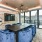 Conference room with blue chairs and a bar