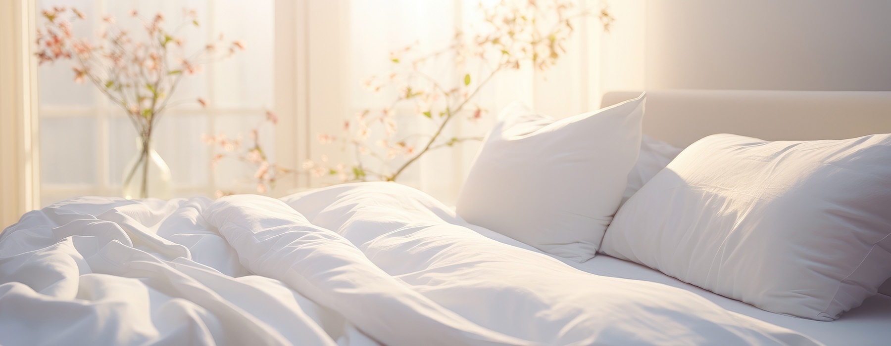 a bed with white sheets and pillows